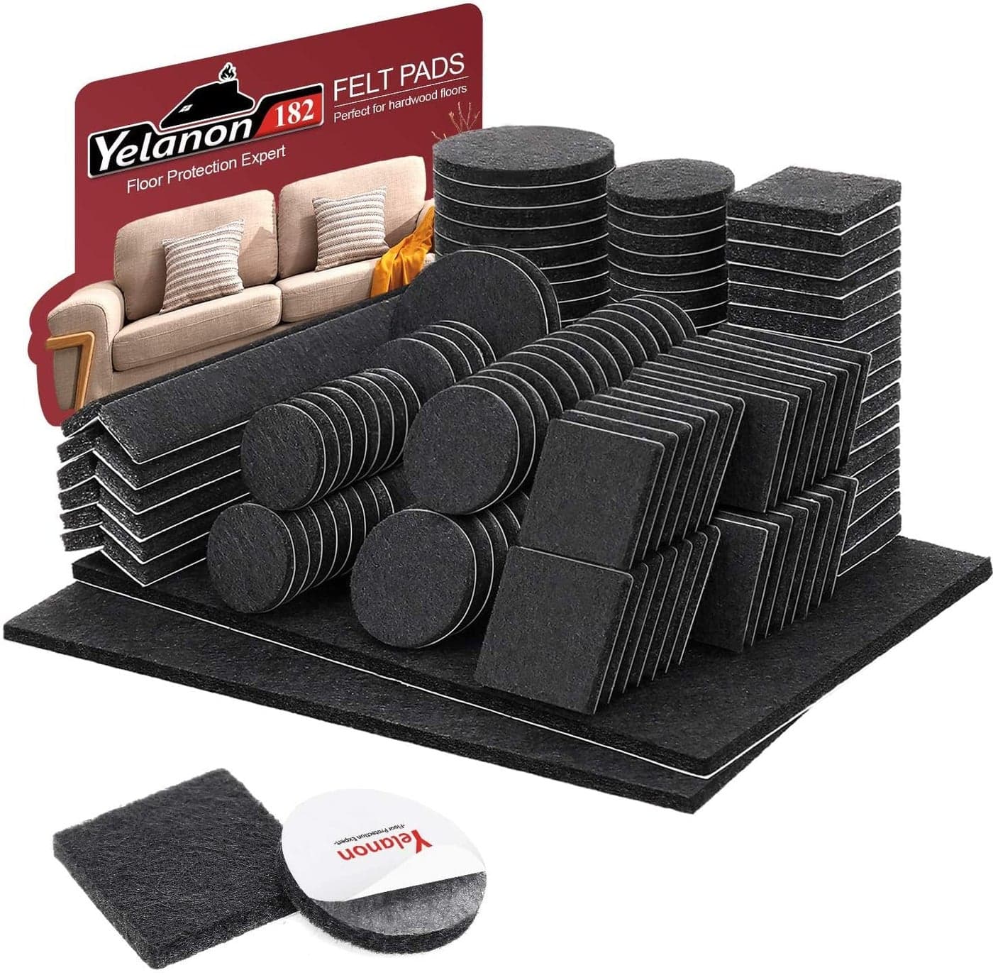 Yelanon Felt Furniture Pads -182 Pcs Premium Felt Pads for Chair Legs Furniture, Floor Protectors for Hardwood Floors, Black