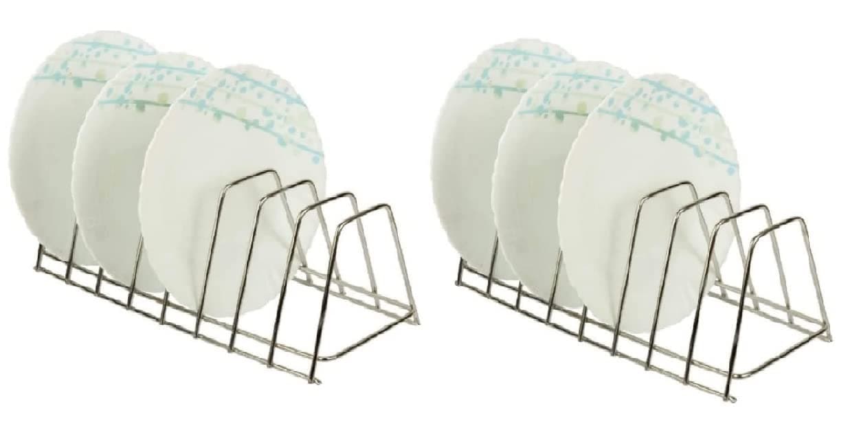 CR18 COLLECTION Stainless Steel Square Plate Rack for Kitchen Dish Rack Thali Stand for Kitchen Dish Stand 6 Plate Stand for Kitchen Cabinet Dining Table Plate Stand Silver Color Pack of 2