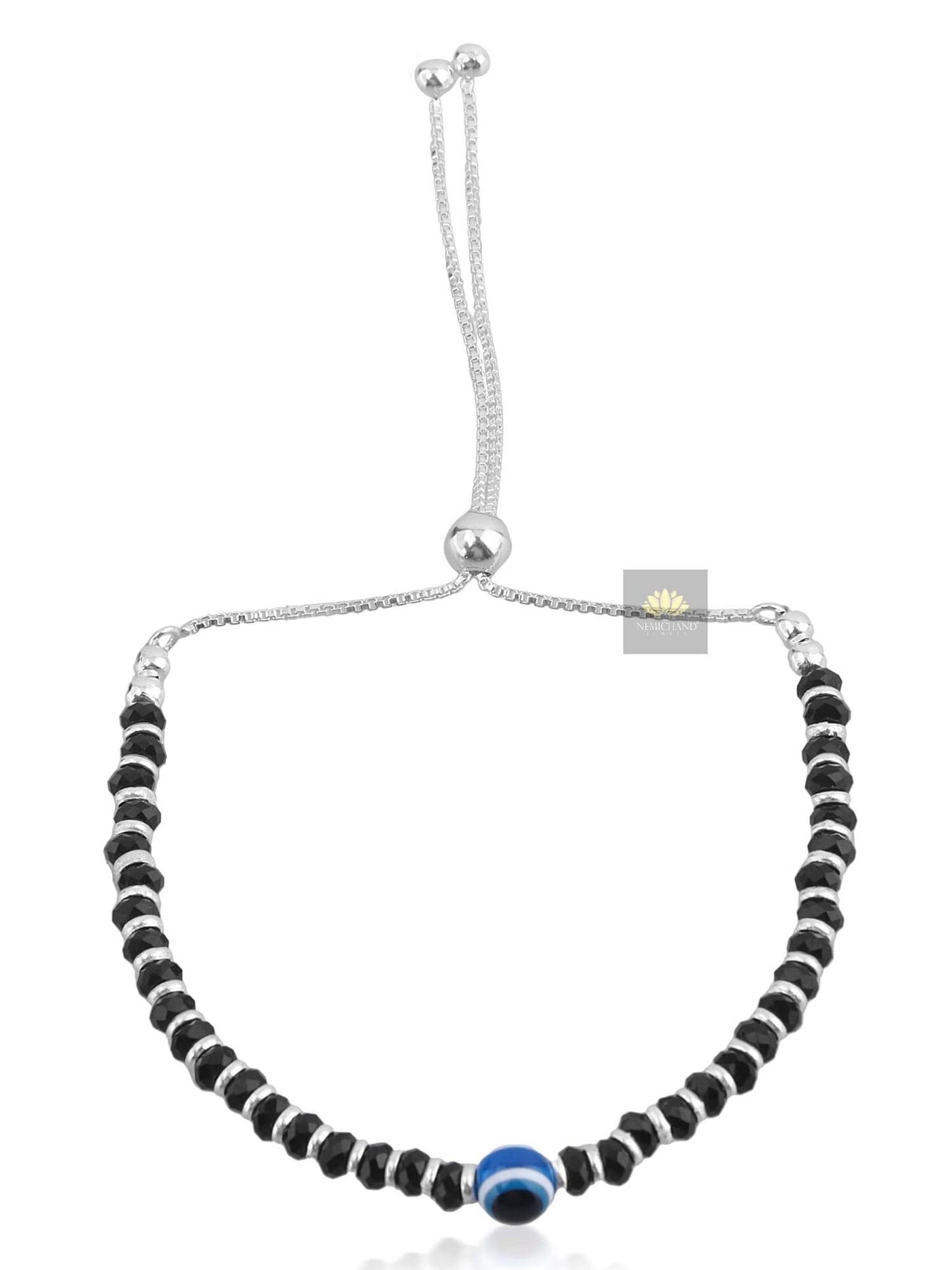 NEMICHAND JEWELS Nazariya Evil Eye Black Crystal 925 Pure Silver Adjustable Bracelets for Women & Girls