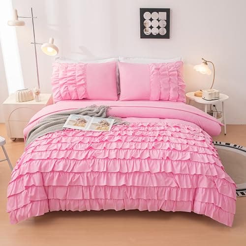 Yadangxiawa Teen Girls Pink Princess Dress Comforter Set Queen Size, 5 Pcs Bed in a Bag Girl Queen, Girls Pink Ruffled Bedding Set, Teen Bedding Sets for Girl Kids with Sheets