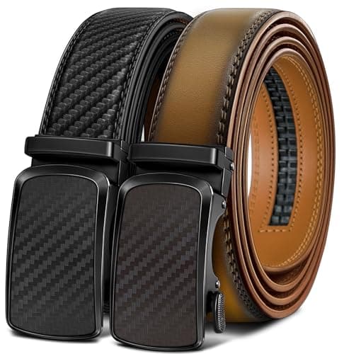 BULLIANT Men's Ratchet Belt 2 Pack-Click Leather Belt Adjustable for Men Gift 1 3/8-Cut for Perfect Fit(Black/Tawny,32"-38" Waist Adjustable)