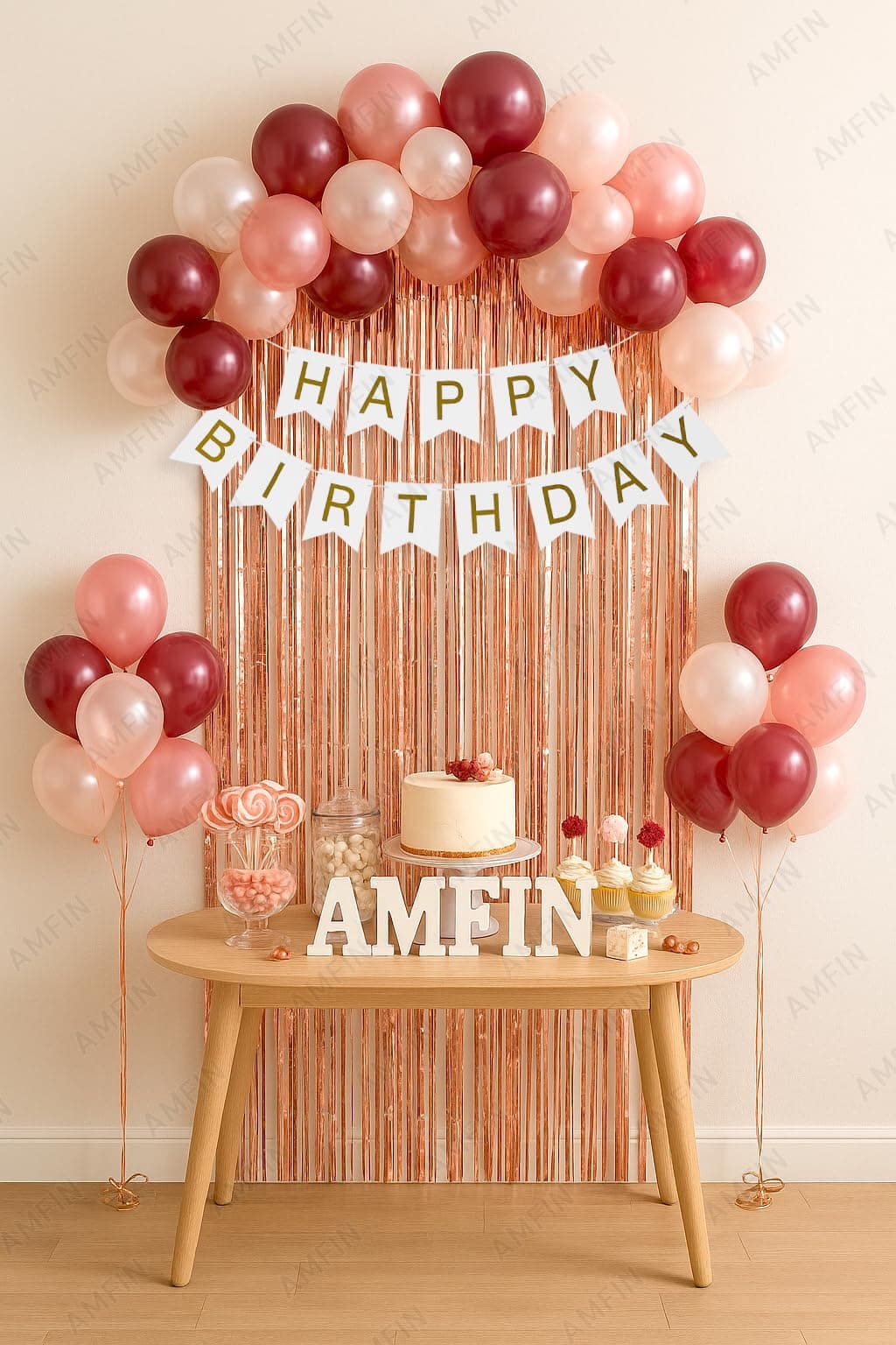 AMFIN (Pack of 34) Backdrop Bliss Birthday Decoration DIY Kit with Balloons, Fringe Curtain and Banner - White, Rose Gold & Burgundy
