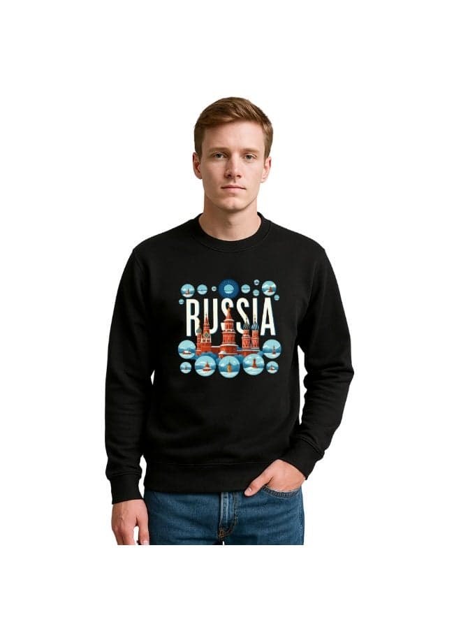 Russia Men’s Sweatshirt–Black Cotton Long Sleeve–Unique Bubble&Landmark Printed Design–Comfortable&Stylish For Travel,Outdoor&Everyday Wear
