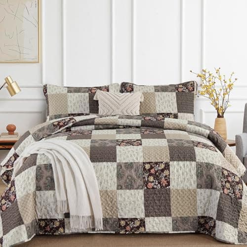 Xruibed Floral Plaid Patchwork Fall Quilt Set Queen Size 3 Pieces Taupe Beige Khaki Bedspread Set Reversible Quilt Bedding Set Microfiber Bedding Bedspread Coverlet Set for All Season(Queen 96"x90")