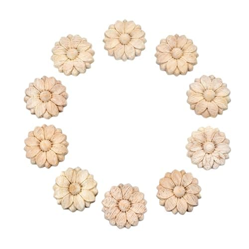 10Pack Unpainted Wood Rosettes Little Onlay Appliques Dia3cm118 for Furniture Decoration Unfinished Round Flower Carving Craft Decals for Home Chests Cabinet Cupboard Dresser Bed Wardrobe