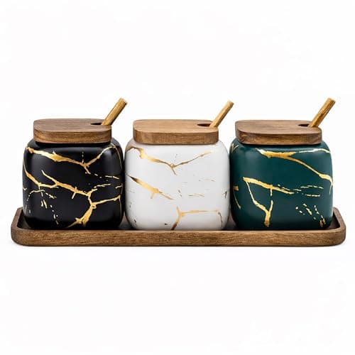 KIDYBELL Ceramic Spice Jars Porcelain Condiment Jars Set Marble Ceramic Seasoning Box 3pcs Condiment Pots for salt, sugar, pepper Kitchen Seasoning Condiment Jar Set (Color mixing)