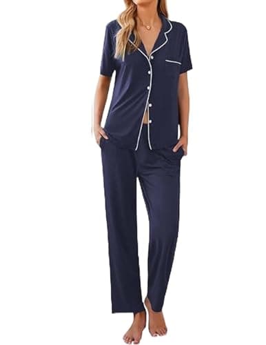 Ekouaer Women Pajamas Set Button Down Sleepwear Short Sleeve Nightwear with Long Pants Soft Pjs Set S-XXL Navy Blue M