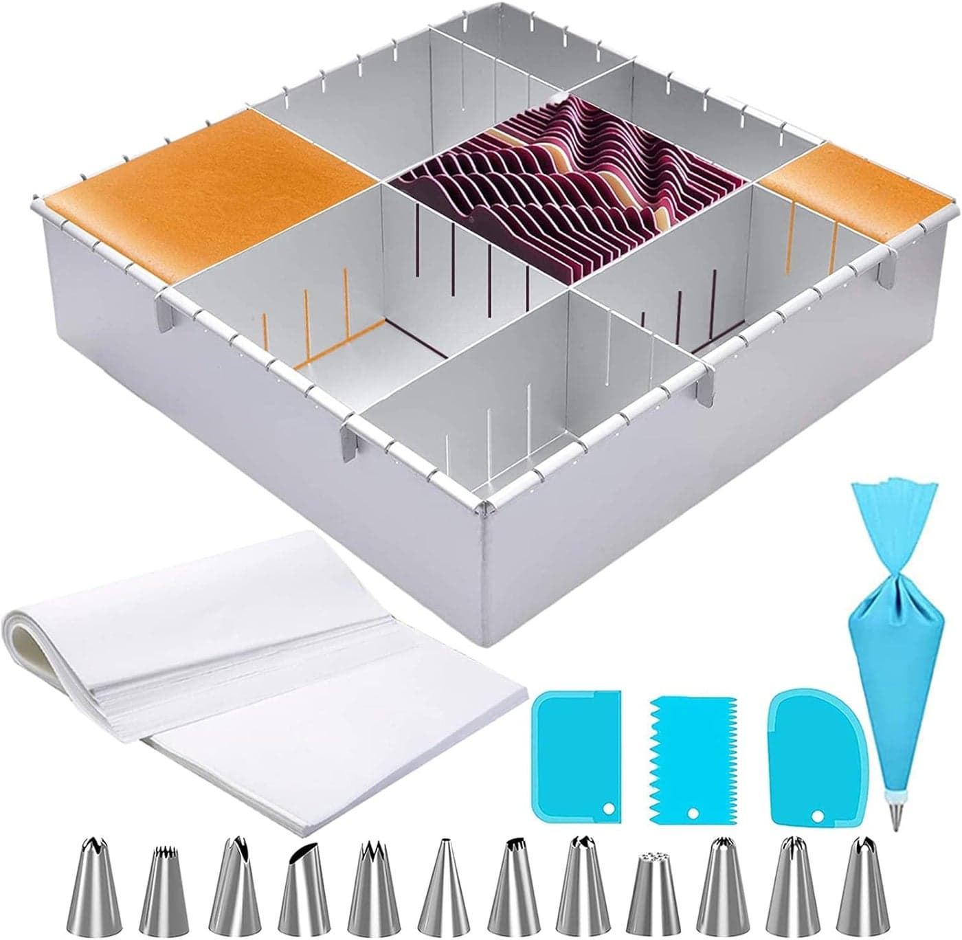 OYSIR Cake Mold - Adjustable Square Aluminum Multi-Function DIY Baking Tin. No Leaking. Includes 20 Pcs Baking Paper