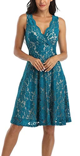 MISS MOLY Women Floral Lace Overlay Fit and Flare Dress Elegant V Neck Knee Length Skater Dress Peacock L