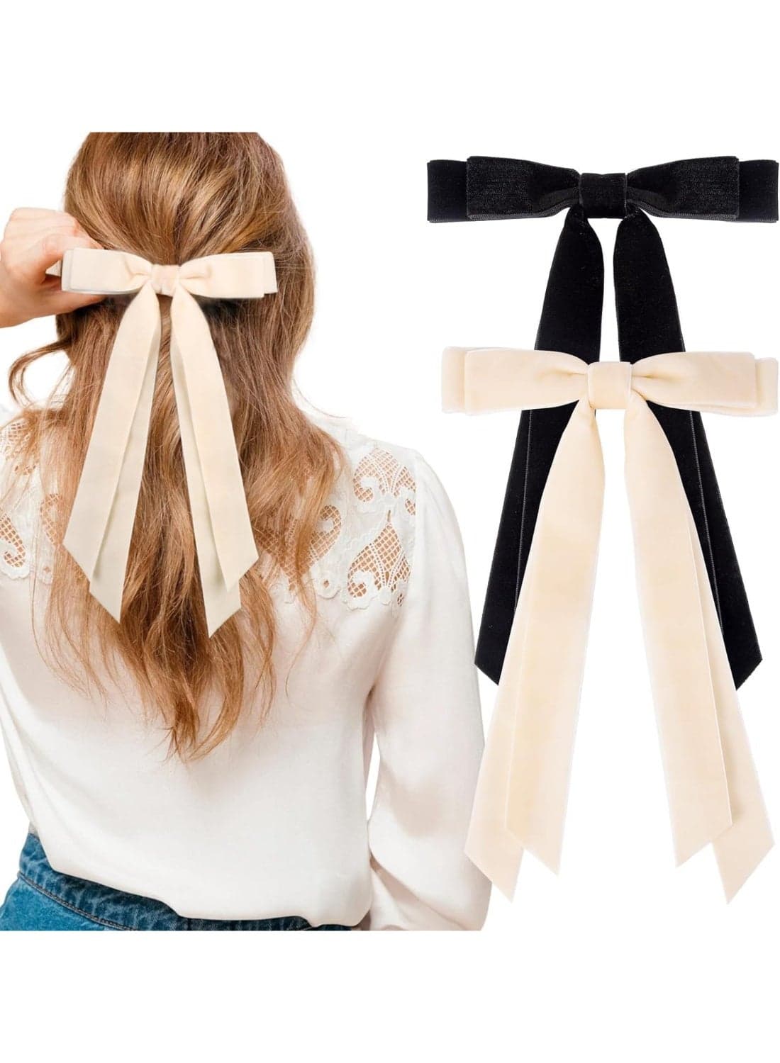 2PCS Velvet Hair Bows, Ribbon Hair Clip, Black Beige Accessories, Ponytail Holder Accessories, Slides Metal Clips Hair Bow for Women