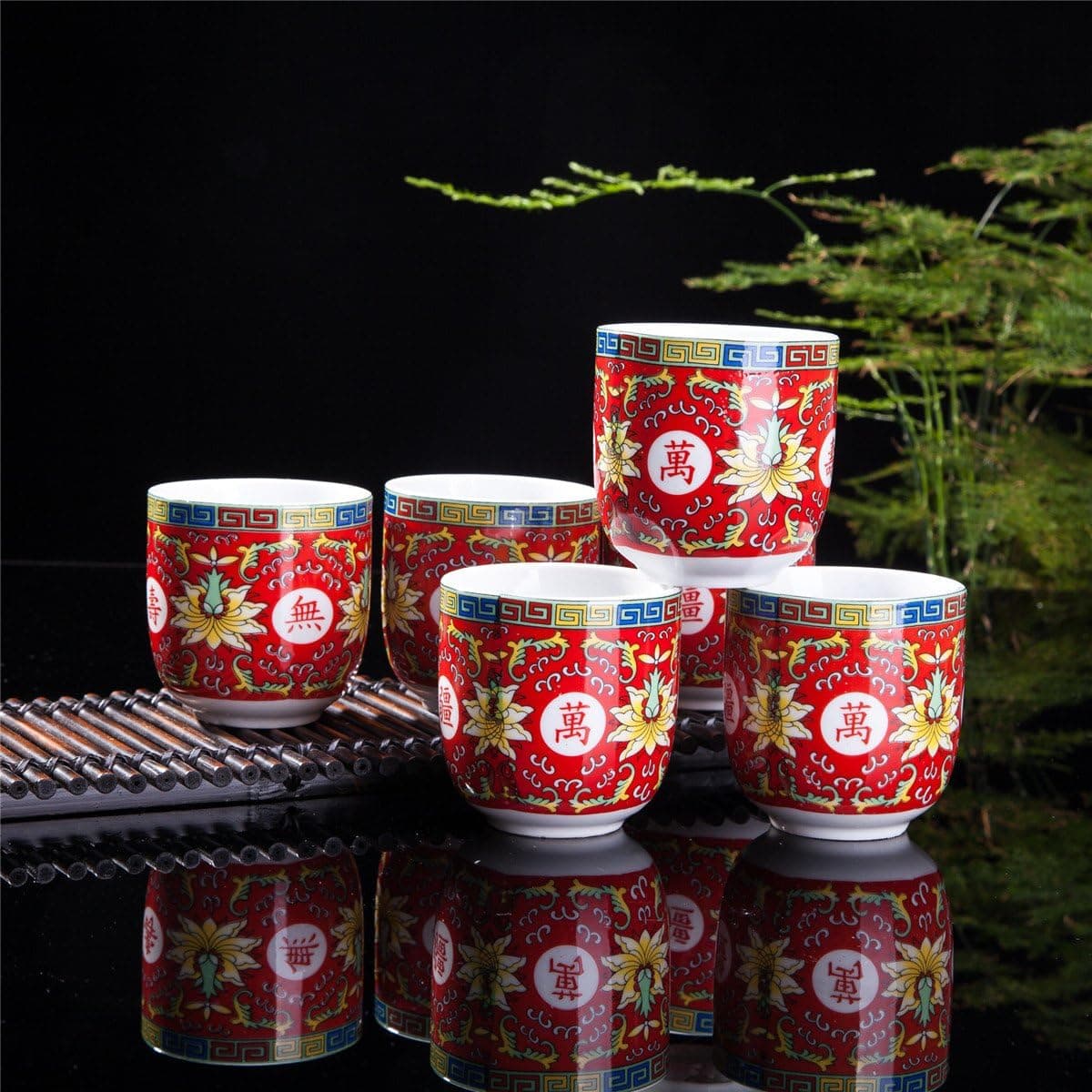 THY COLLECTIBLES Set of 6 Eastern Asian Design Ceramic Tea Cups in Red Longevity Symbol 8 OZ Capacity Each
