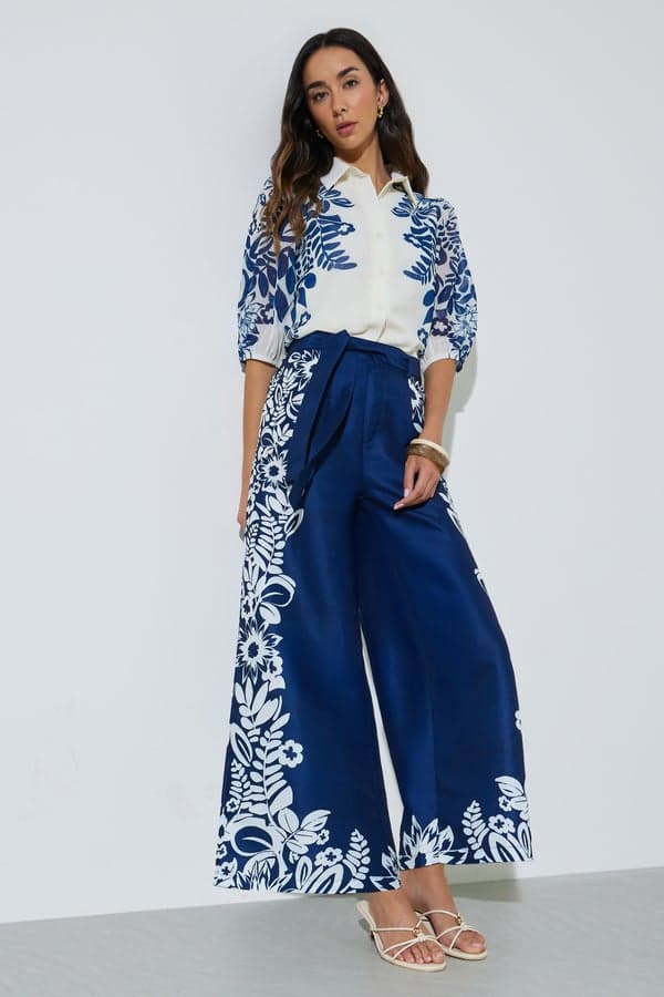 Styli Navy Blue Border Floral Print Wide Leg Pants