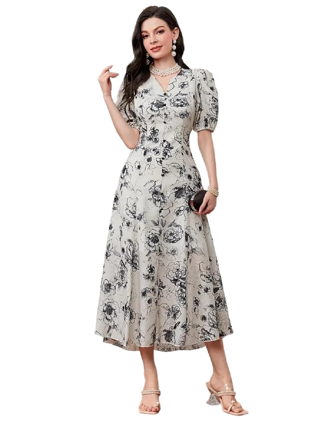 Bollyclues Women's Rayon Fit and Flare Printed Cap Sleeve V-Neck Casual Maxi Dress(MX-01) Multicolour