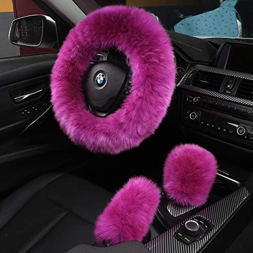 3Pcs Set Fashion Fluffy Fuzzy Wool Fur Soft Car Steering Wheel Cover with Handbrake Cover Gear Shift Cover for WomenGirlsLadies Auto Long Wool Accessories
