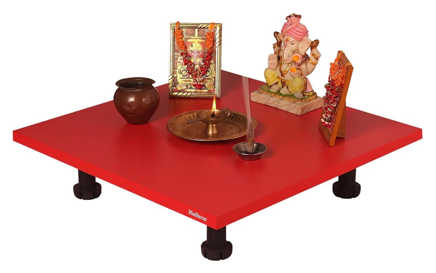 Madhuran Engineered Wood God Pooja Chowki Stool Table Patla 18X18 Inch Red Home Puja
