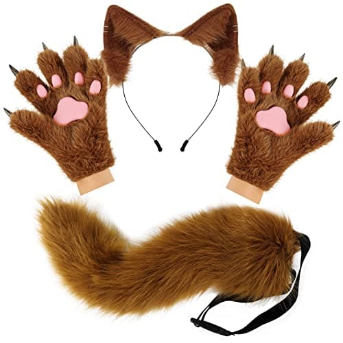 HAOAN Wolf Fox Tail Clip Ears and Gloves Set Halloween Christmas Party Costume for Women