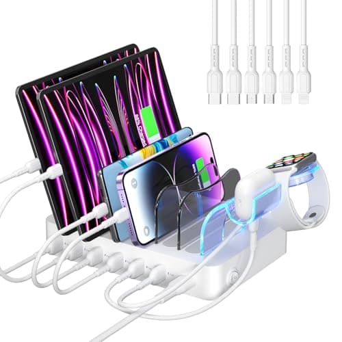 SooPii Premium 6Port USB Charging Station Organizer for Multiple Devices 6 Short Charging Cables and One Upgraded iWatch Charger Holder Included for Phones Tablets and Other Electronics White