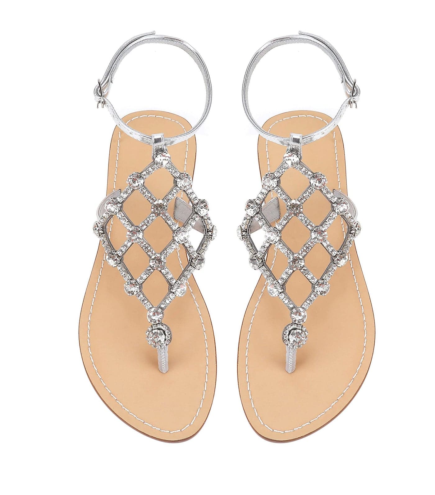 UTIKLIOU Womens Rhinestone Sandals TStrap Sandals Ankle Strap Flat Wedding Sandals Silver 9