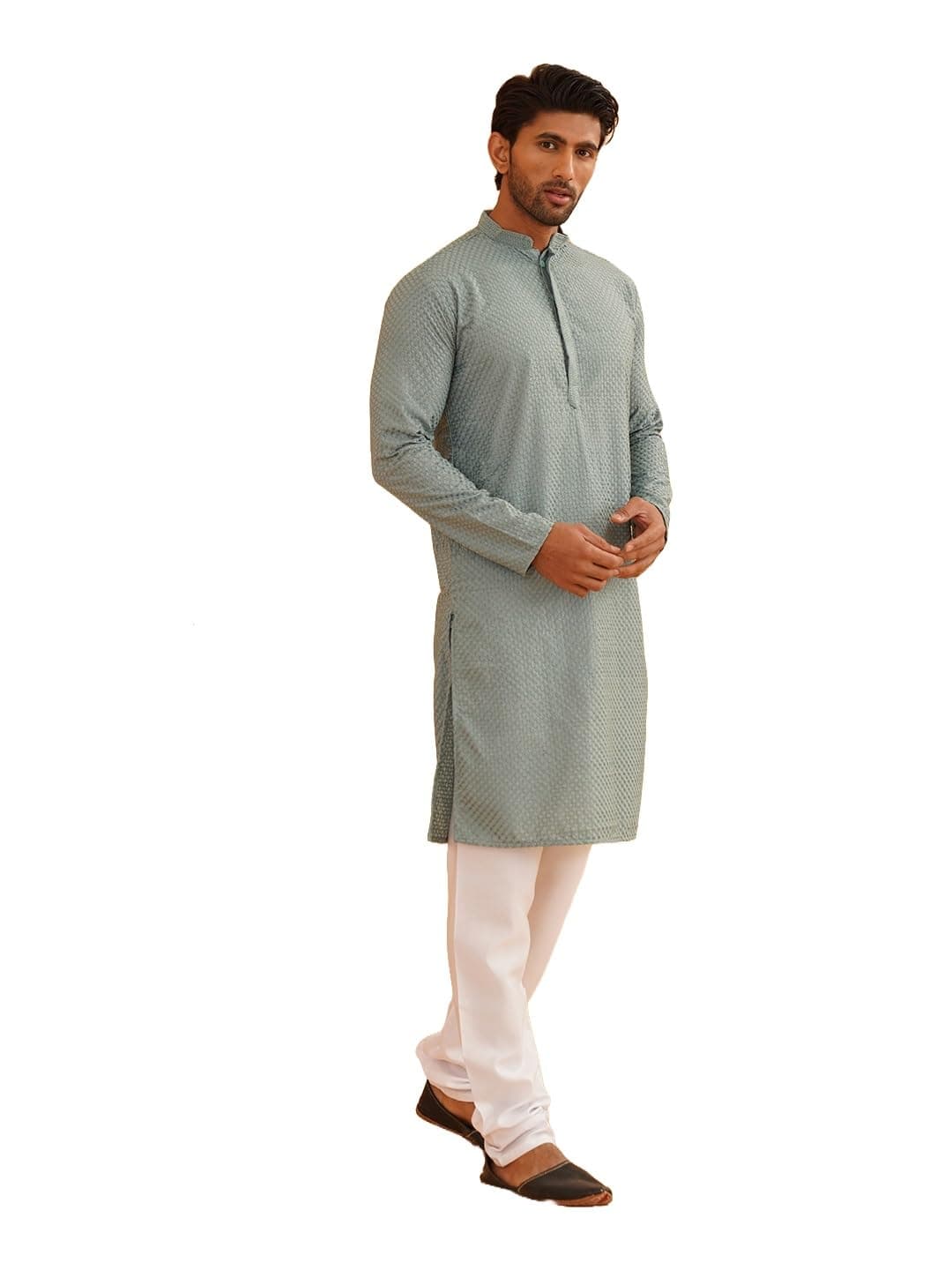 SOJANYA (Since 1958 Men's Cotton Embroidered Thread Work Sea Green Kurta with White Churidar Pyjama