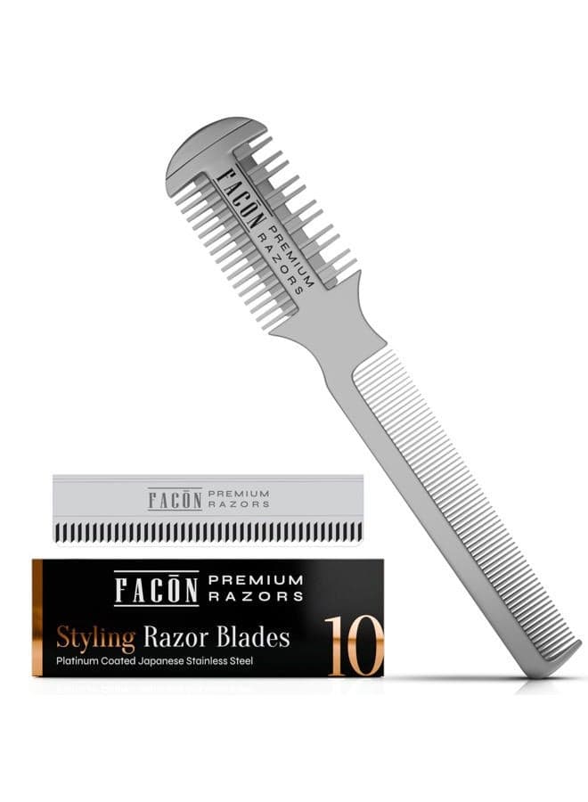 Facón Razor Comb for Hair Cutting - Professional Hair Cutting Comb Kit with 12 Replacement Blades, Double Edge Shaper for Salon & Home, Premium Styling Thinning Texturizing Split Ends Trimming Razor