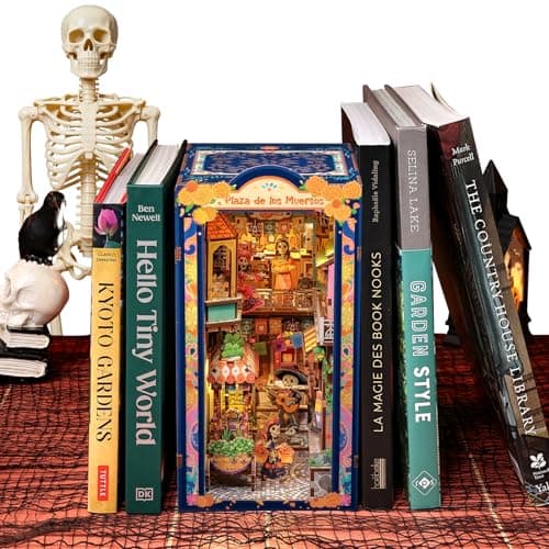 Fsolis Book Nook Kit Decorative Bookends 3D Wood Puzzles Bookshelf Insert Diorama Kit DIY Miniature House for Adults Bookish Gifts for Women Book Lovers Bookworm Plaza de Los Muertos