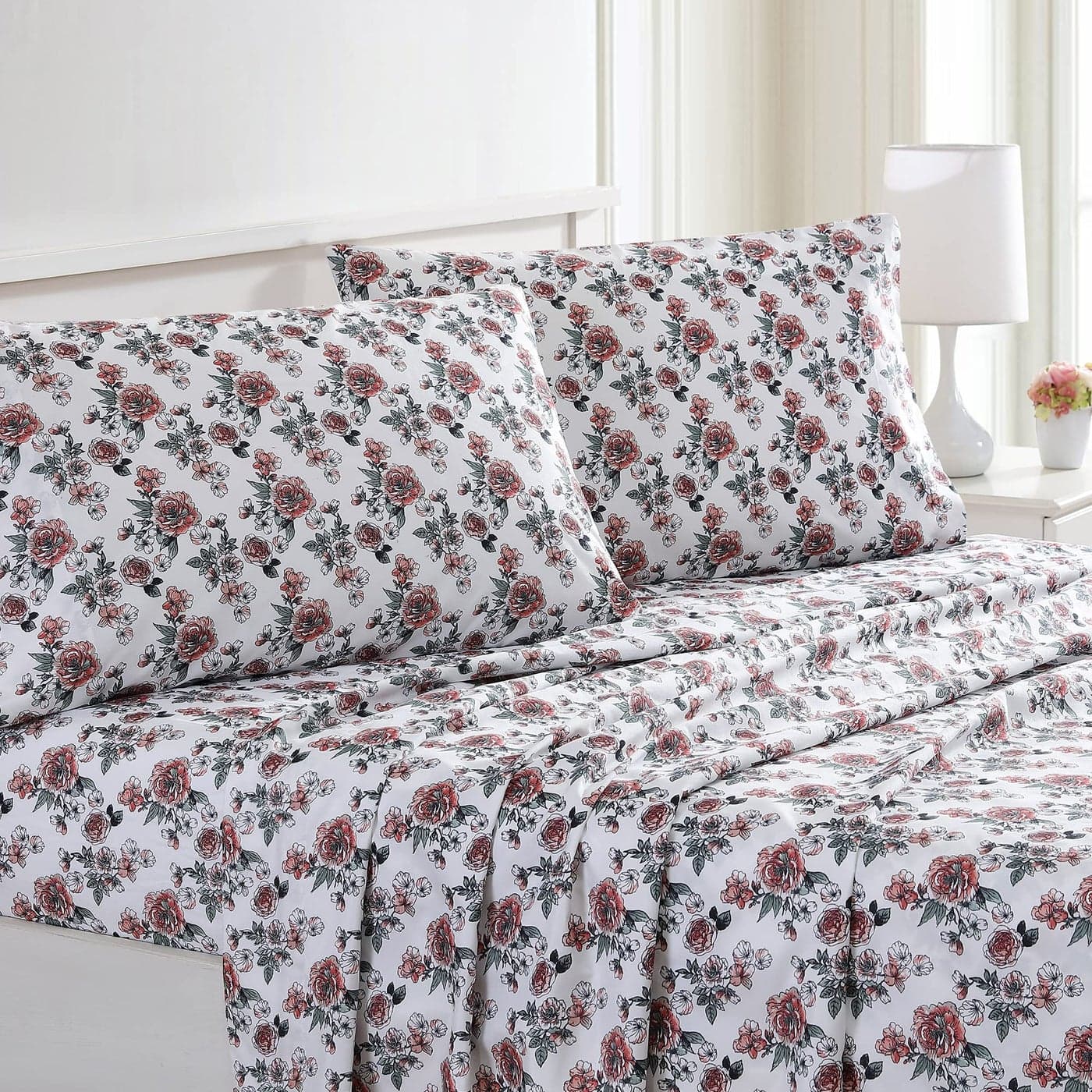 Modern Threads Printed 4Piece Extra Soft Bedding Sheets Pillowcase Set Deep Pocket up to 16 inch Mattress Rose Bloom Queen