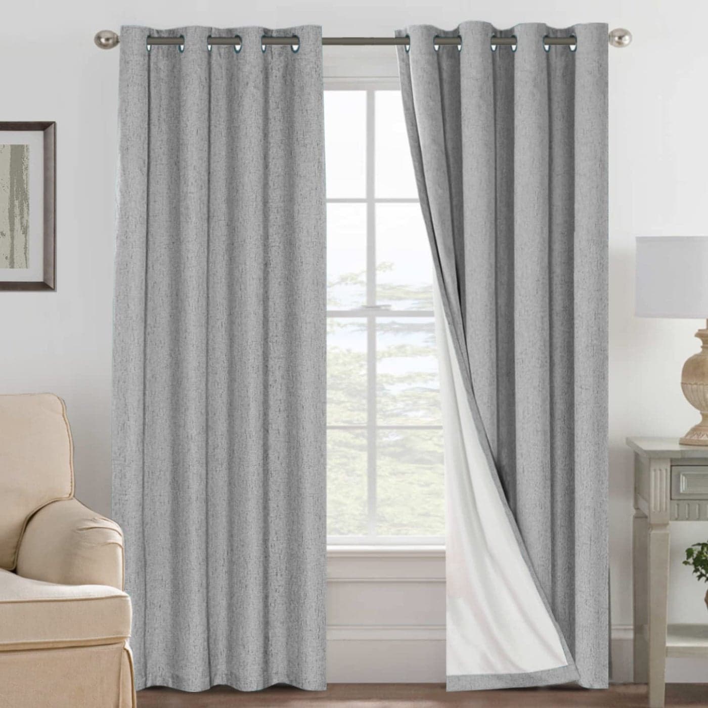 HVERSAILTEX Linen Blackout Curtains 108 Inches Long 100 Blackout Thermal Insulated Textured Linen Look Curtain Draperies AntiRust Grommet Energy Saving with White Liner 2 Panels Dove Gray
