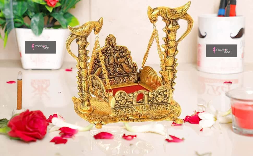Fashion Bizz Metal Handicraft Laddu Gopal Jhula Palna for Home Temple Krishna Jhula Krishna ji Metal Singhasan Gold_1778 x 95 x 1714 cm