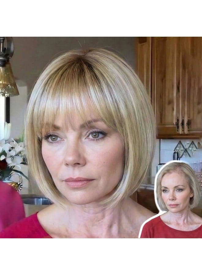 Honey Light Blonde Bob Wig with Bangs for White Women, 10 Inch Short Glueless Lace Front Wig, Protein Synthetic Fiber, Realistic Scalp, Heat-Resistant, Lightweight Daily Wear