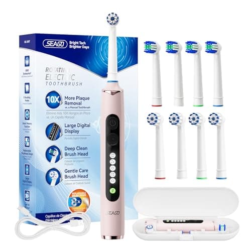 SEAGO Rotating Electric Toothbrush for Adults 8 Replacement Heads 4 Soft4 Hard IPX7 Waterproof 5 Modes with Memory Function 2Minute Timer USB TypeC Rechargeable SG2607Pink
