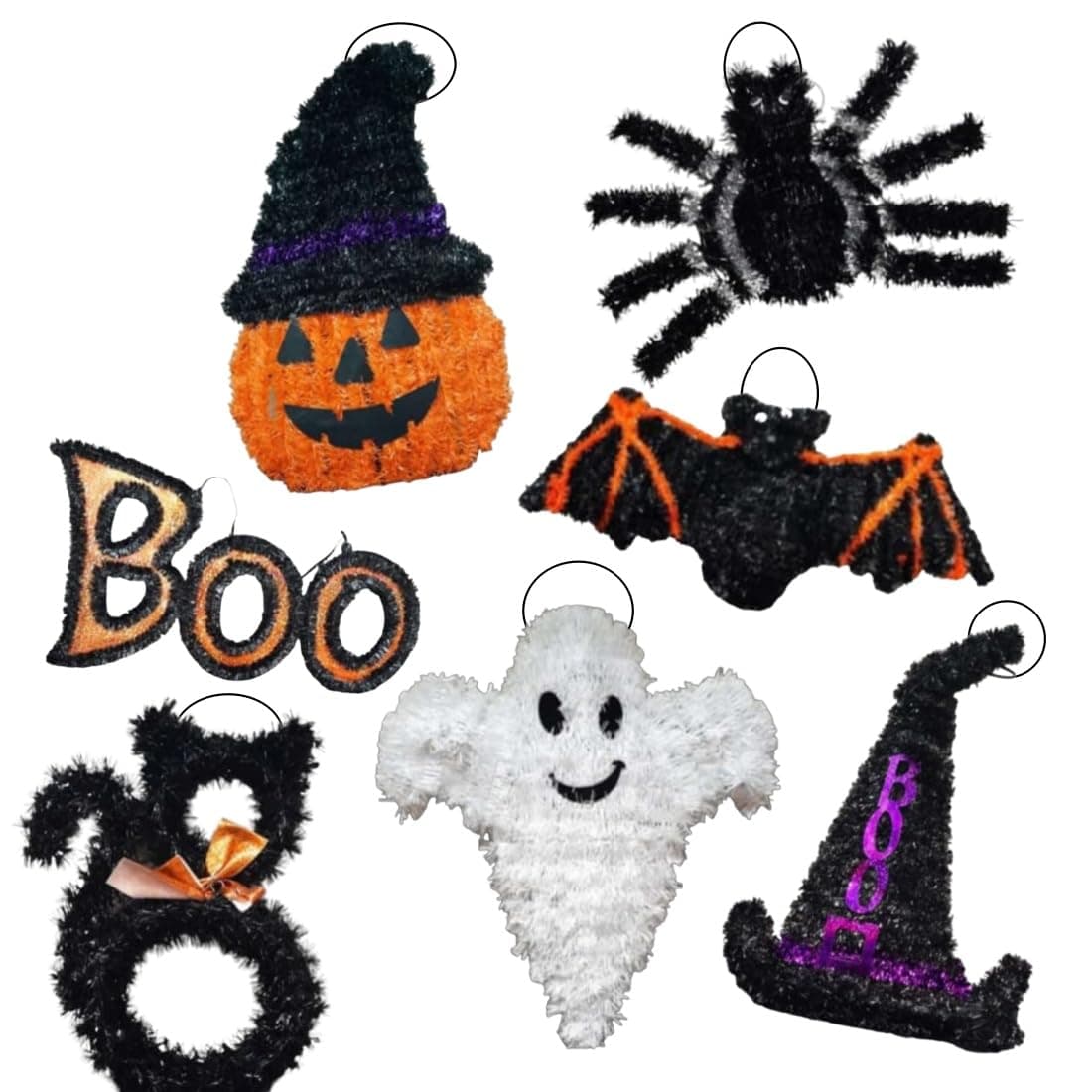 Atpata Funky Halloween Theme Plastic Fur Hangings Set 7pcs Decorative Designs Including Pumpkin Ghost Witch Hat Cat Bat Boo and Spider for Spooky Home Dcor and Halloween Parties