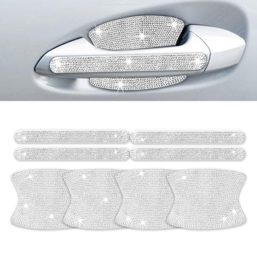 INSAUTO 8 Pieces Bling Car Door Handle Scratch Protector Universal Rhinestone Car Stickers for Women Automotive Exterior Accessories Silver