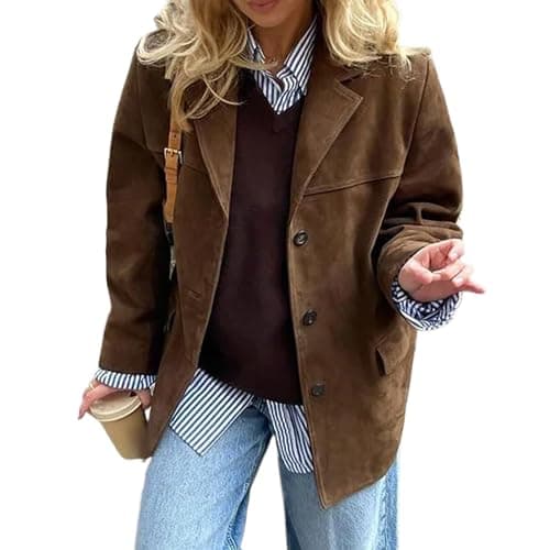 Suede Jacket Y2k Outerwear Brown Faux Leather Jacket Women Fall Fashion 2025 Trendy Old Money Oversized Blazers (Brown,M,Medium)