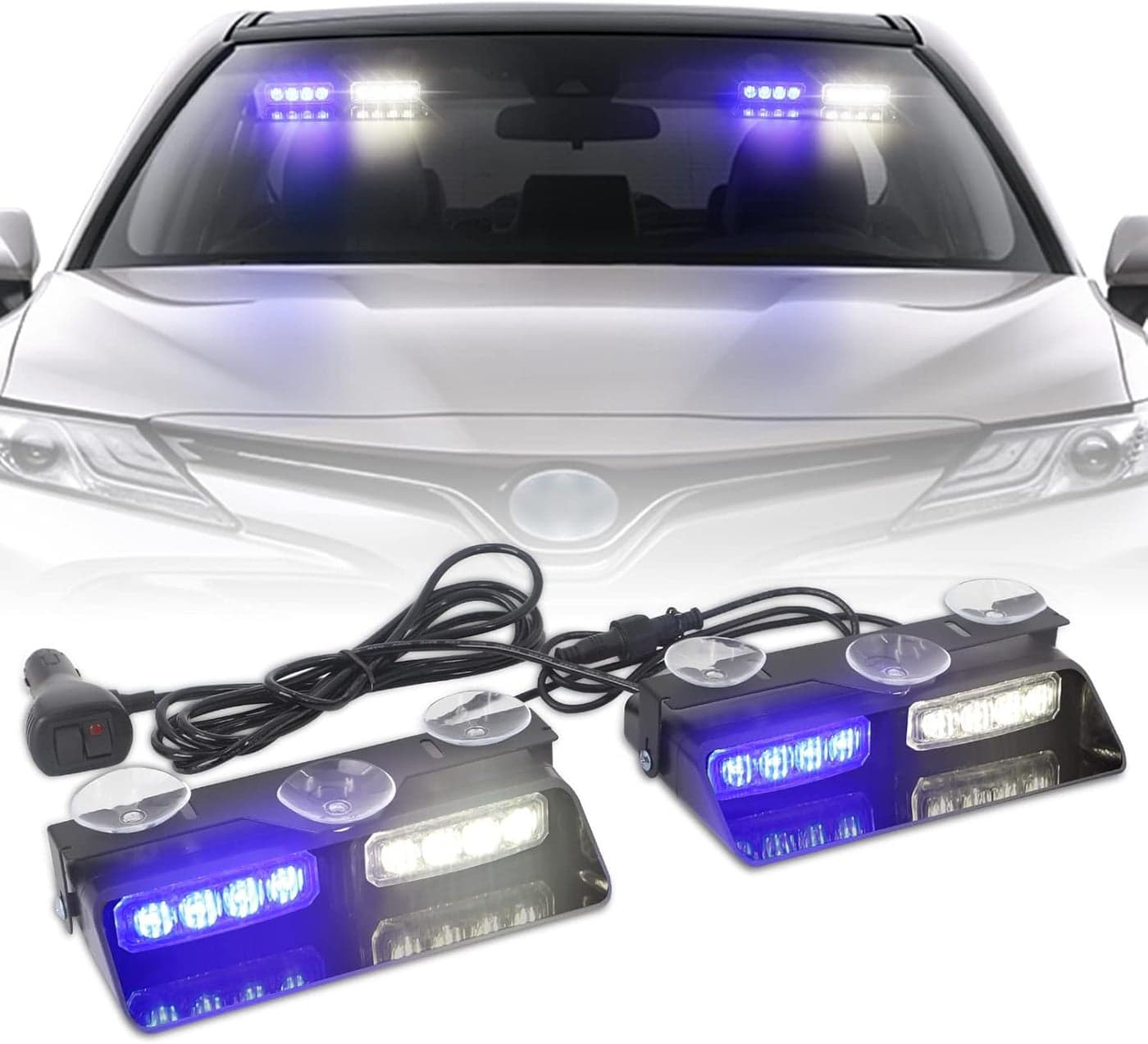 XRIDONSEN 2in1 Dash Emergency Strobe Lights - Blue/White Warning Safety Flash Lights with Suction Cups