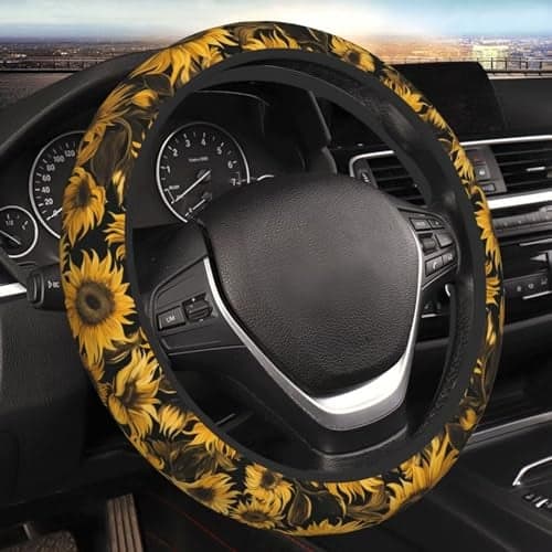 MAGIFUN Yellow Sunflower Steering Wheel Cover Cute Flower Floral Women Car Steering Wheel Covers Protector Cloth Car Accessories Black 15 inch Wheel Wrap Cushion UniversalFit Most Cars