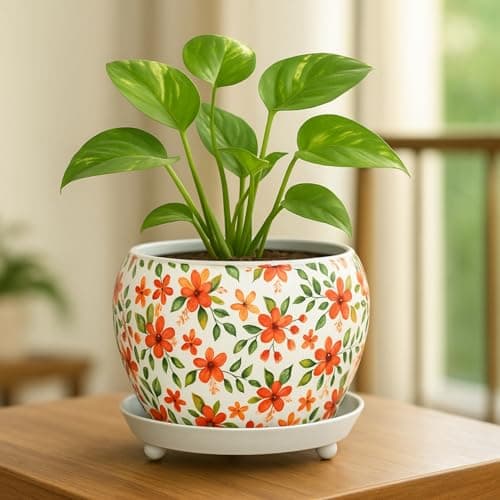 ecofynd 5 inches, Lily Designer Leaf Metal Plant Pot with Saucer Plate | Indoor Outdoor Home Decor Item for Garden Plants Flower, Balcony, Patio, Living Room, Garden, Bedroom (Pack of 1, Floral)
