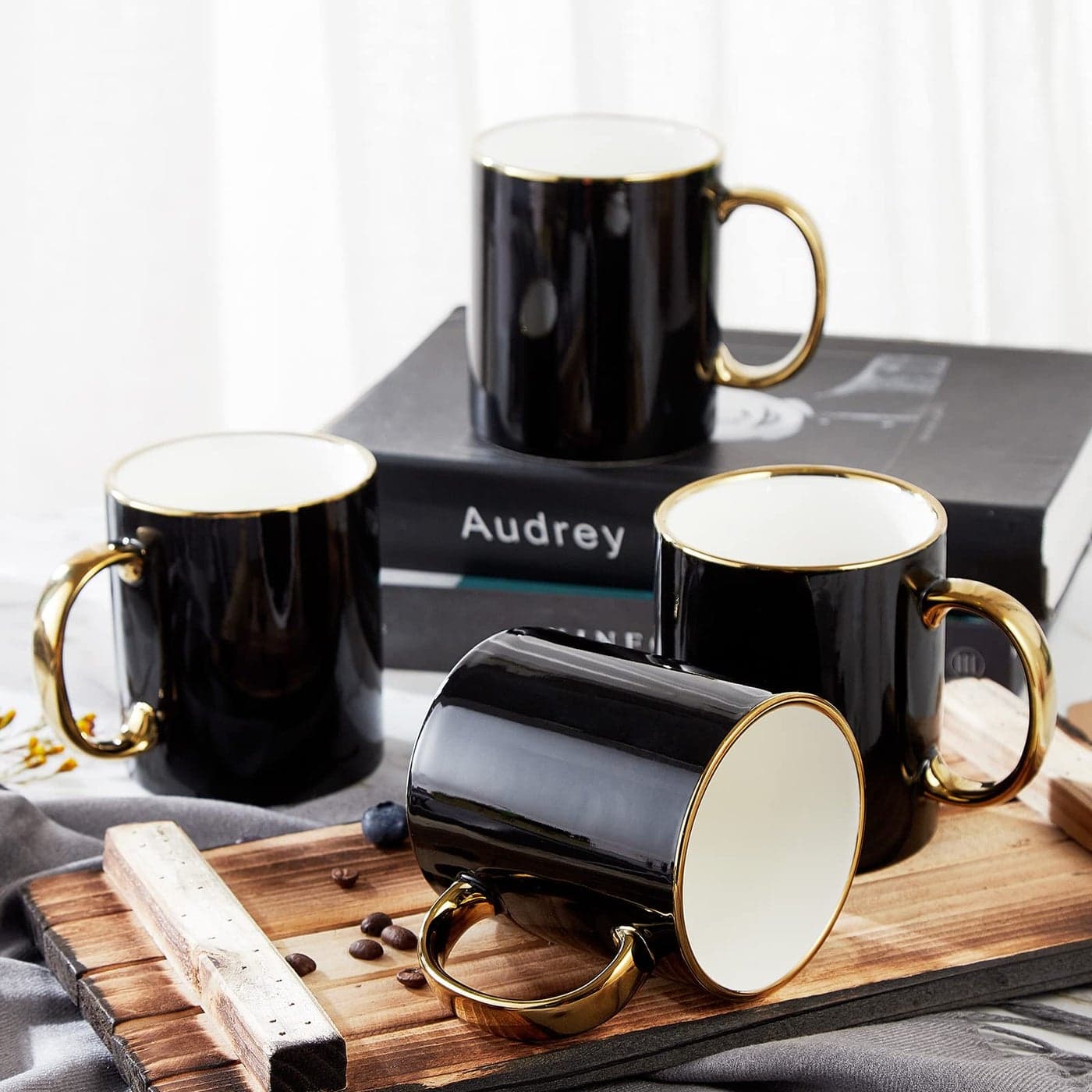 DUJUST Black Coffee Mug Set of 416oz Modern Stylish Design with Handcrafted Golden Trims Black and Gold Cup Set for Coffee Tea Milk Beautiful Graceful Top Fine Porcelain Cups