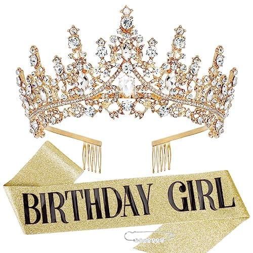 TOBATOBA Birthday Crown and Sash Set for Women and Girls Gold Tiara Princess Decorations Birthday Gifts