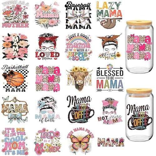 20 Sheets Mothers Day UV DTF Cup Wraps for 16 oz Mom Theme Stickers for Glass Mugs Coffee Mama Needs Coffee UV DTF Decals Waterproof Rub on Transfer DIY Crafts for Notebook Laptop