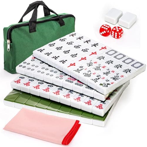 Cedilis Chinese Mahjong Set 146 Small Melamine Tiles118 Green with Portable Travel Handbag Playing Mat and 2 Dice for Family Gathering