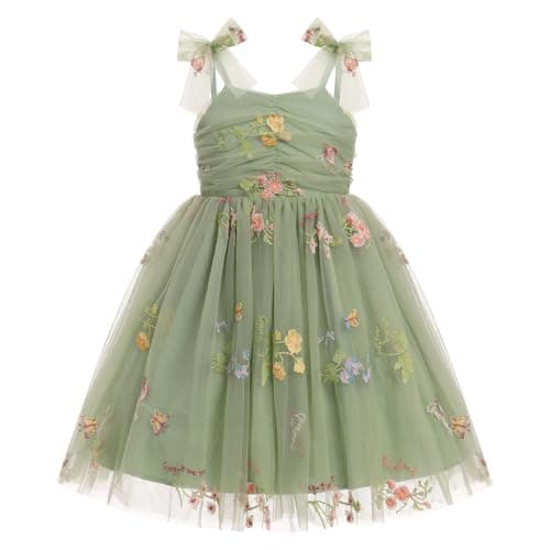 ODASDO Tutu Dress for Toddler Girls 1st Birthday Outfit Fairy Tulle Princess Spaghetti Straps Bowknot Floral Dresses for Wedding Flower Girl Party Pageant Photo Shooting Summer Sage Green 12-18M
