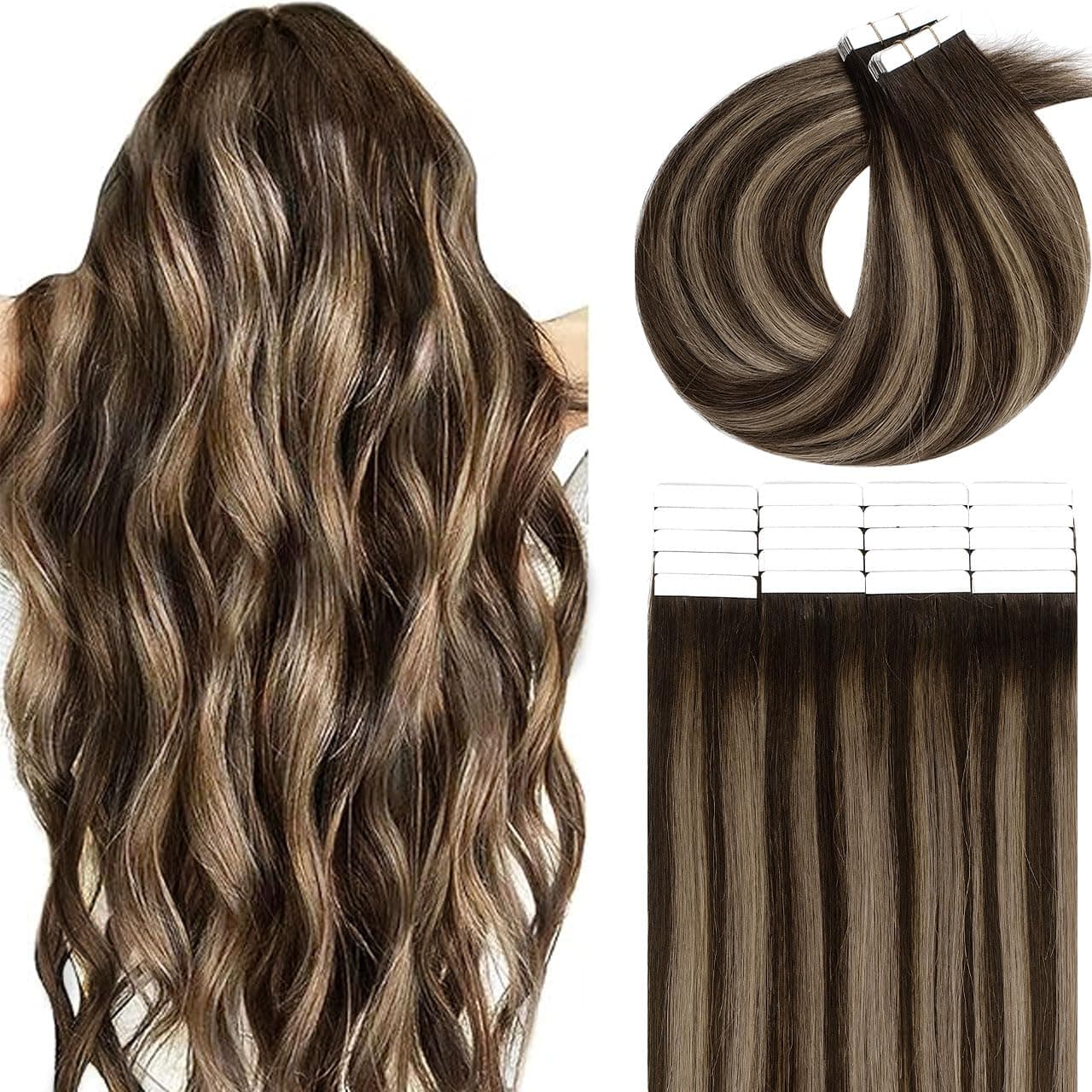 Lacer Tape Extensions Human Hair Rooted Dark Brown to Chestnut Brown Highlight Silky Straight Seamless Double Sided Tape in Extensions 18 Inch 50g 20pcs