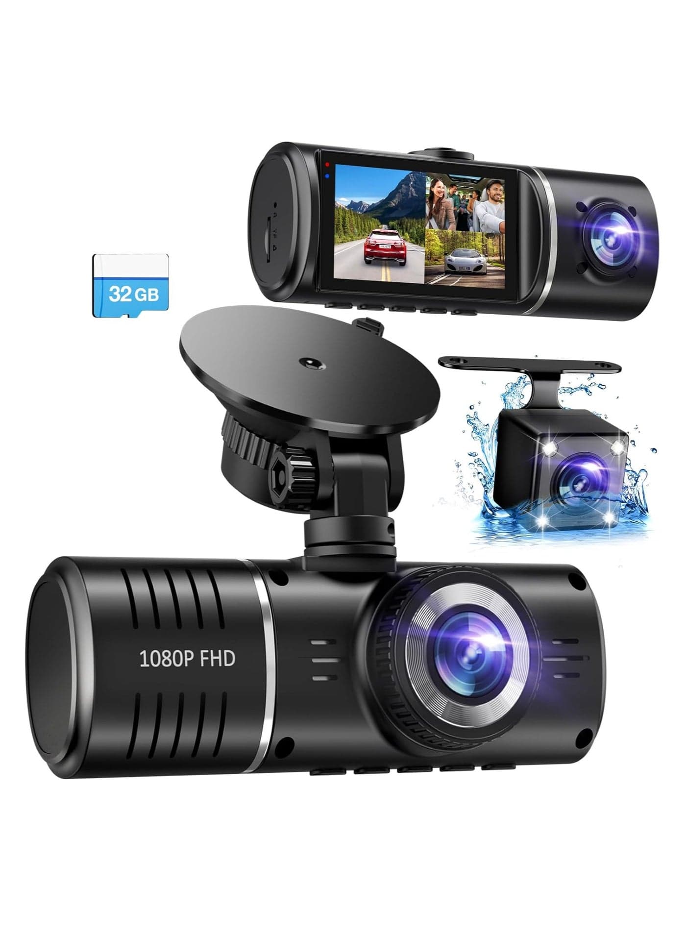 Dash Cam, 3 Channel Dash Cam, 1080P Dash Cam Front and Inside, Triple Dash Cam, Dash Camera with 32GB Card, HDR, G-Sensor, 24Hr Parking, Front Rear Dash Cam Loop Recording