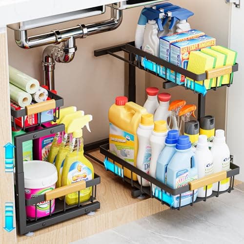 ADBIU Under Sink Organizer 2 Pack 2 Tier Expandable Height 132 172 Pulling Out Kitchen Bathroom Cabinet Organizers