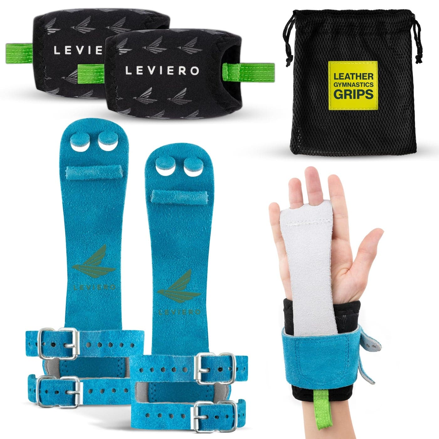 LEVIERO Gymnastics Grips Set Narrow Squeeze, Grips for Gymnastics Girls, Dowel Grips with Soft Leather, Double Buckle Wrist Closure, and Adjustable Finger Holes, for All Ages - (Aqua, 0)