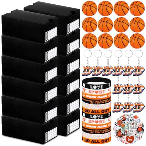 Fullhawl 12 Sets Mini Sneaker Boxes for Party Favors 472 x 256 x 197 Inches Mini Shoe Gifts Boxes with Editable Label Keychains Ball Bracelets Stickers for Sport Basketball Party SuppliesBlack