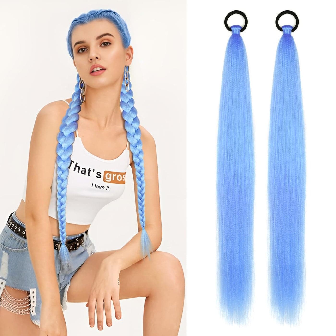 2 Pack Blue Ponytail Extension with Elastic Tie Straight Sleek Wrap Around Braid Ponytail Light Blue 26 Inch Light Blue
