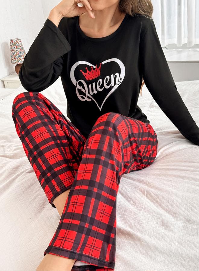 Take Two Graphic Print Long Sleeve T-Shirt and Checked Pyjama Set