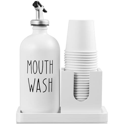 Glass Mouthwash Dispenser for Bathroom 16 OZ Mouthwash Dispenser with Pour Spout and Wood Cup Holder and Tray Mouth Wash Bottle Container Farmhouse Kitchen Bathroom Decor and Accessories White