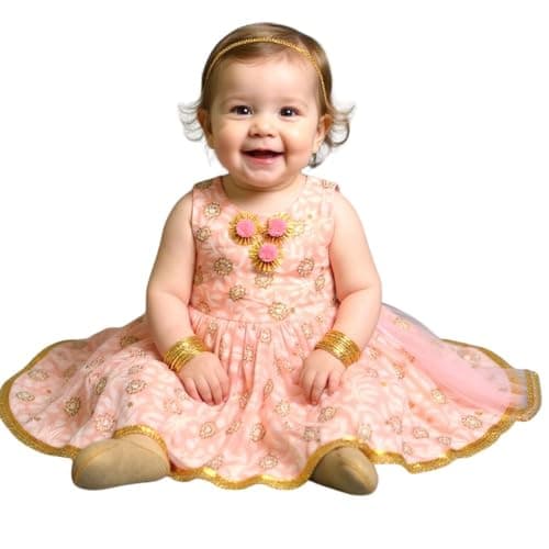 A.T.U.N. (ALL THINGS UBER NICE) Baby Girls Cotton Ethnic Floral Lehenga Choli Set with Golden Lace & Dupatta | Traditional 3-Piece Festive Outfit for Kids